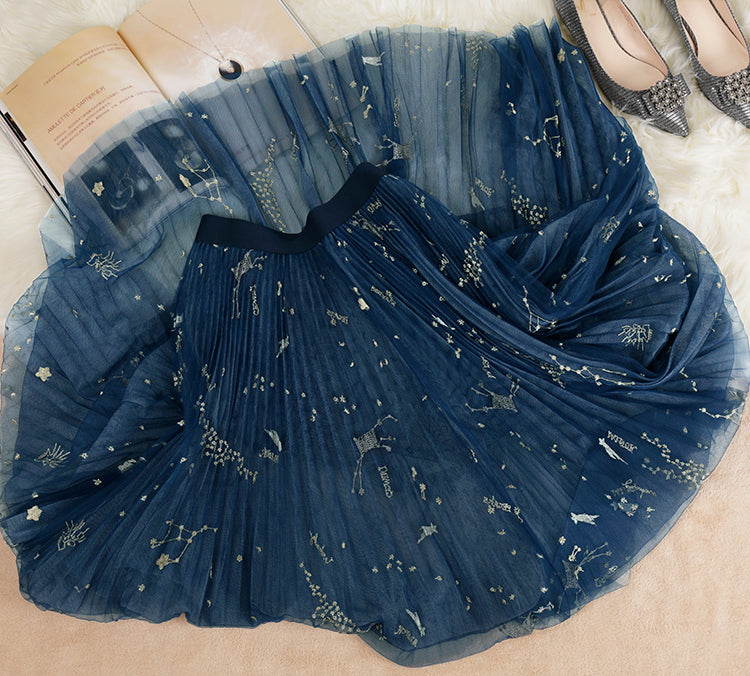 Beautiful Blue Print tulle Pleated  Skirts Summer