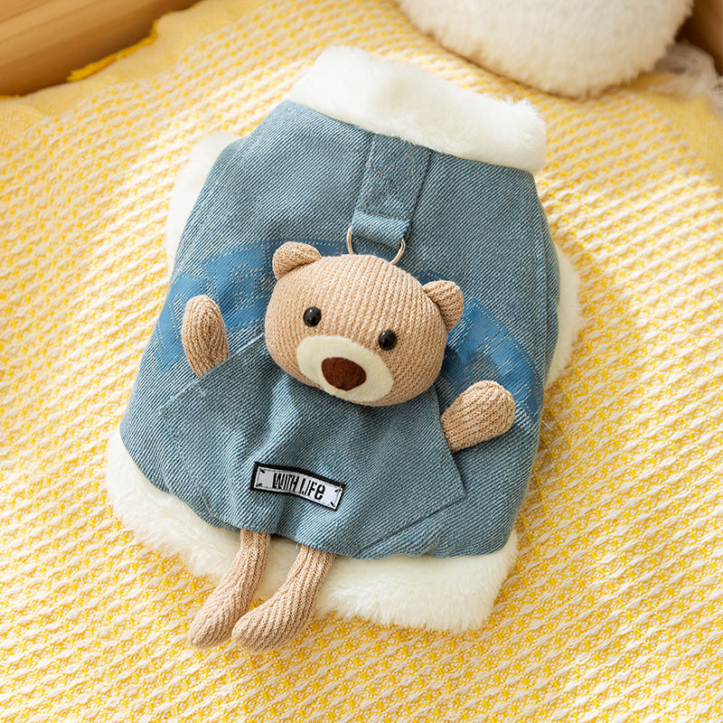 Denim Bear Decor Fleece Dog Harness Jacket