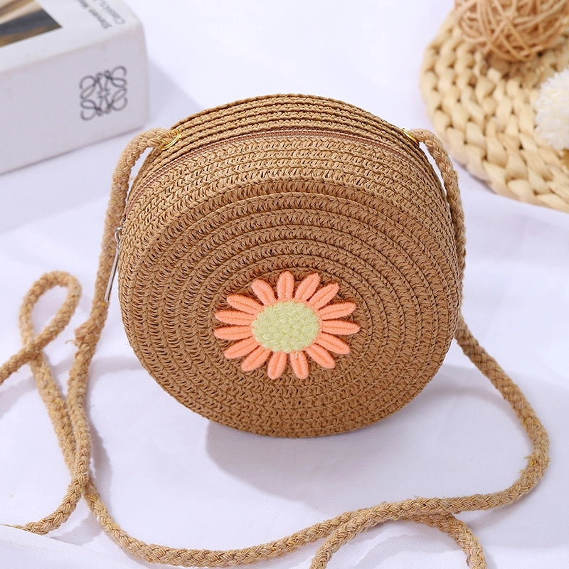 Women's Mini Straw Daisy Vintage Style Round Zipper Straw Bag