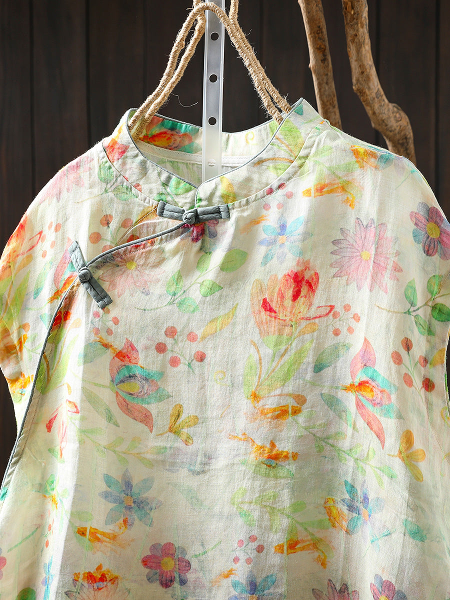 Women Summer Floral 100%Ramie Stand Collar Shirt