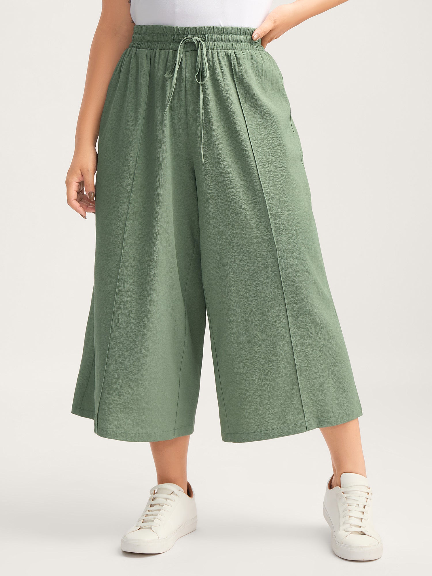 Drawstring Pin Tuck Wide-Leg Pants