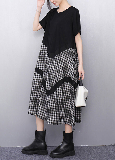Grey Plaid Patchwork Cotton Vacation Dresses Summer