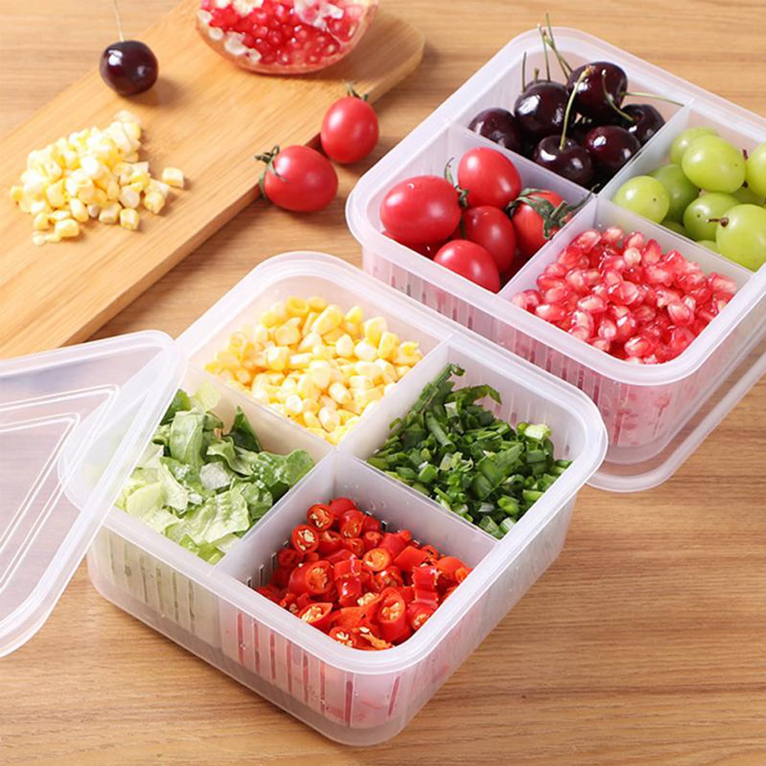 Fridge Food Storage Container With Lid. Airtight Refrigerator Food Box With 4Pcs Detachable Drain Baskets