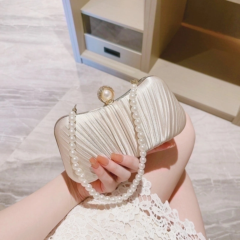 Women's Silk Solid Color Classic Style Streetwear Rhinestone Pearls Square Lock Clasp Crossbody Bag