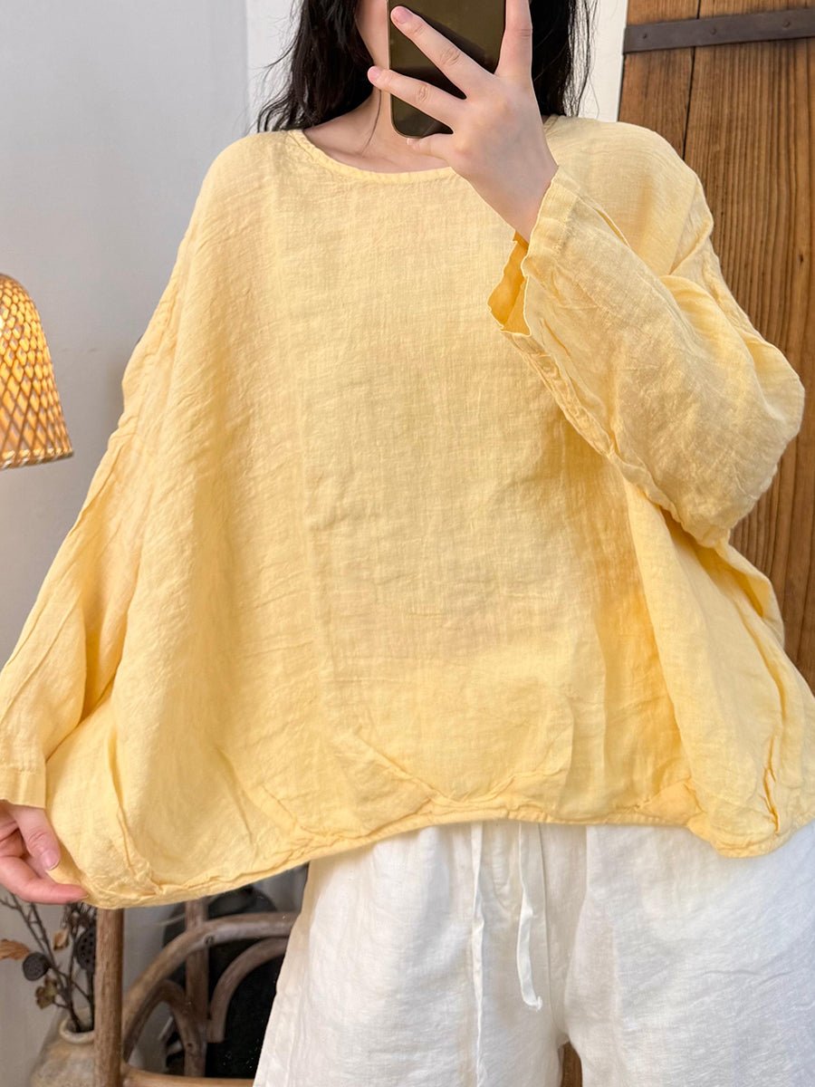 Women Summer Casual Pure Color O-Neck Linen Shirt