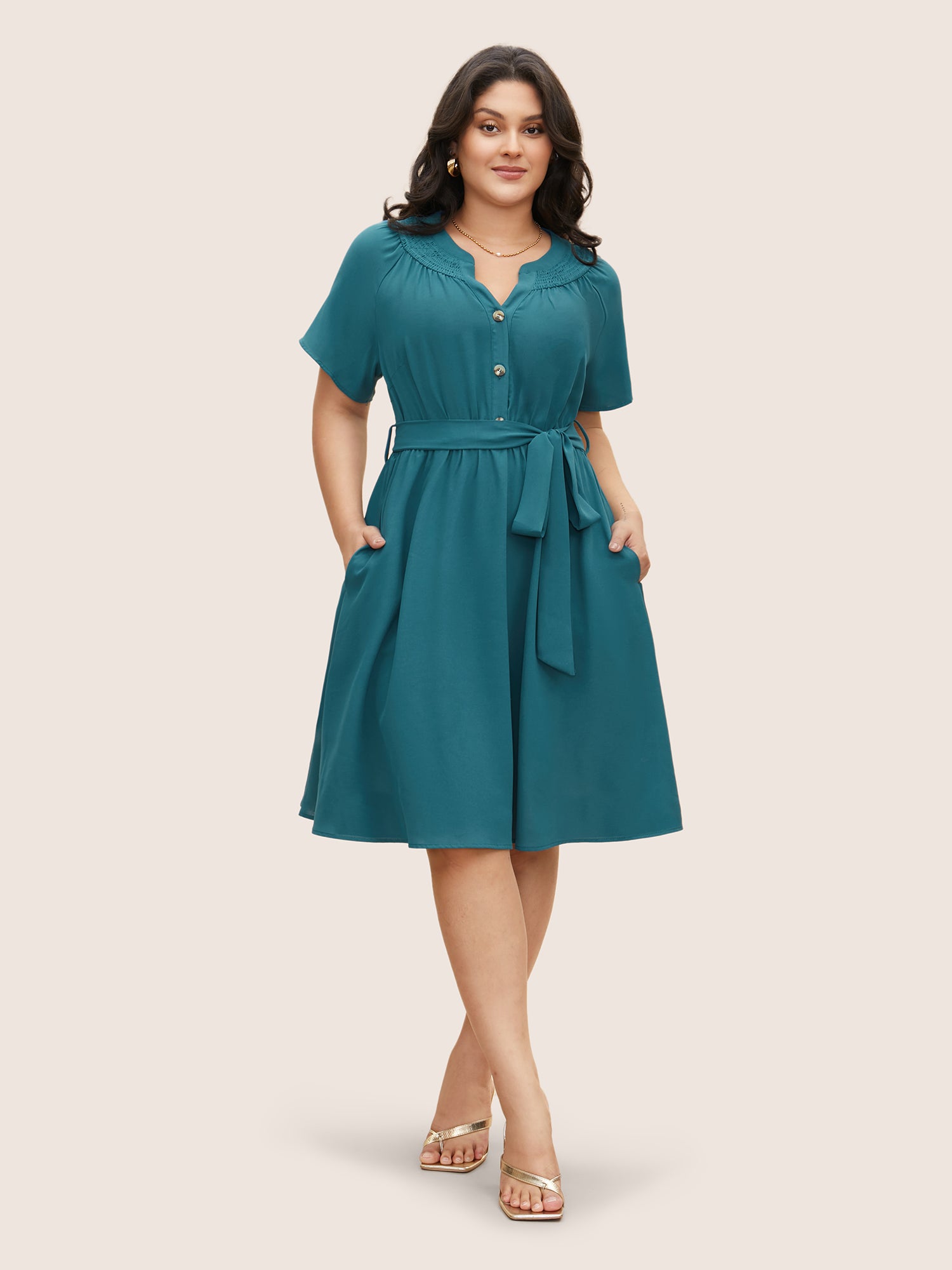 Shirred Notched Button Up Belted Dress