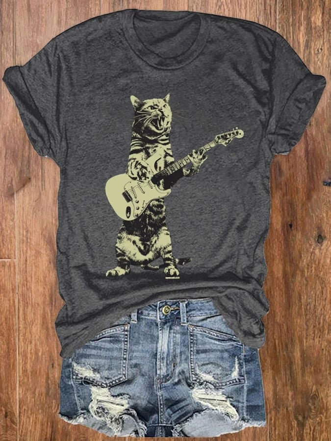 Women's Funny Cat Playing Guitar Graphic Casual Tee