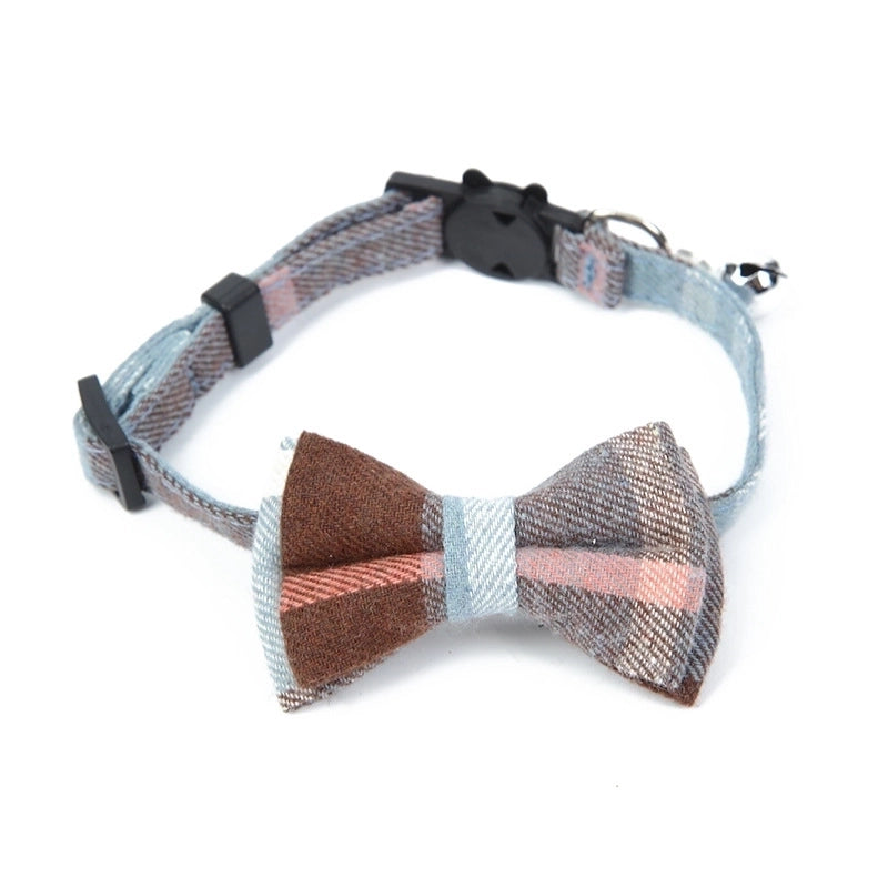 Pet Collar Bell Bow British Checked Cloth Collar