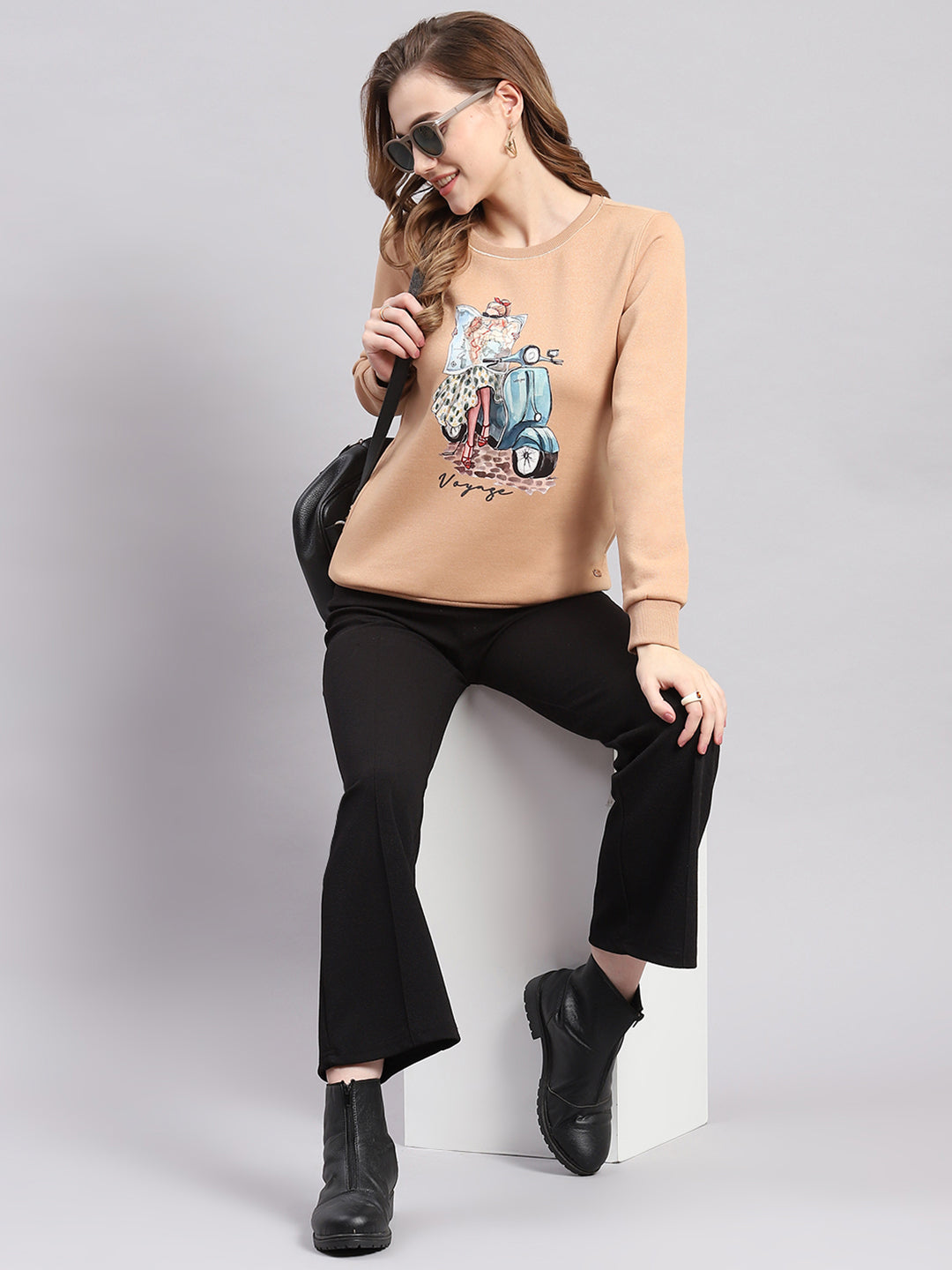 Women Peach Printed Round Neck Full Sleeve Sweatshirts