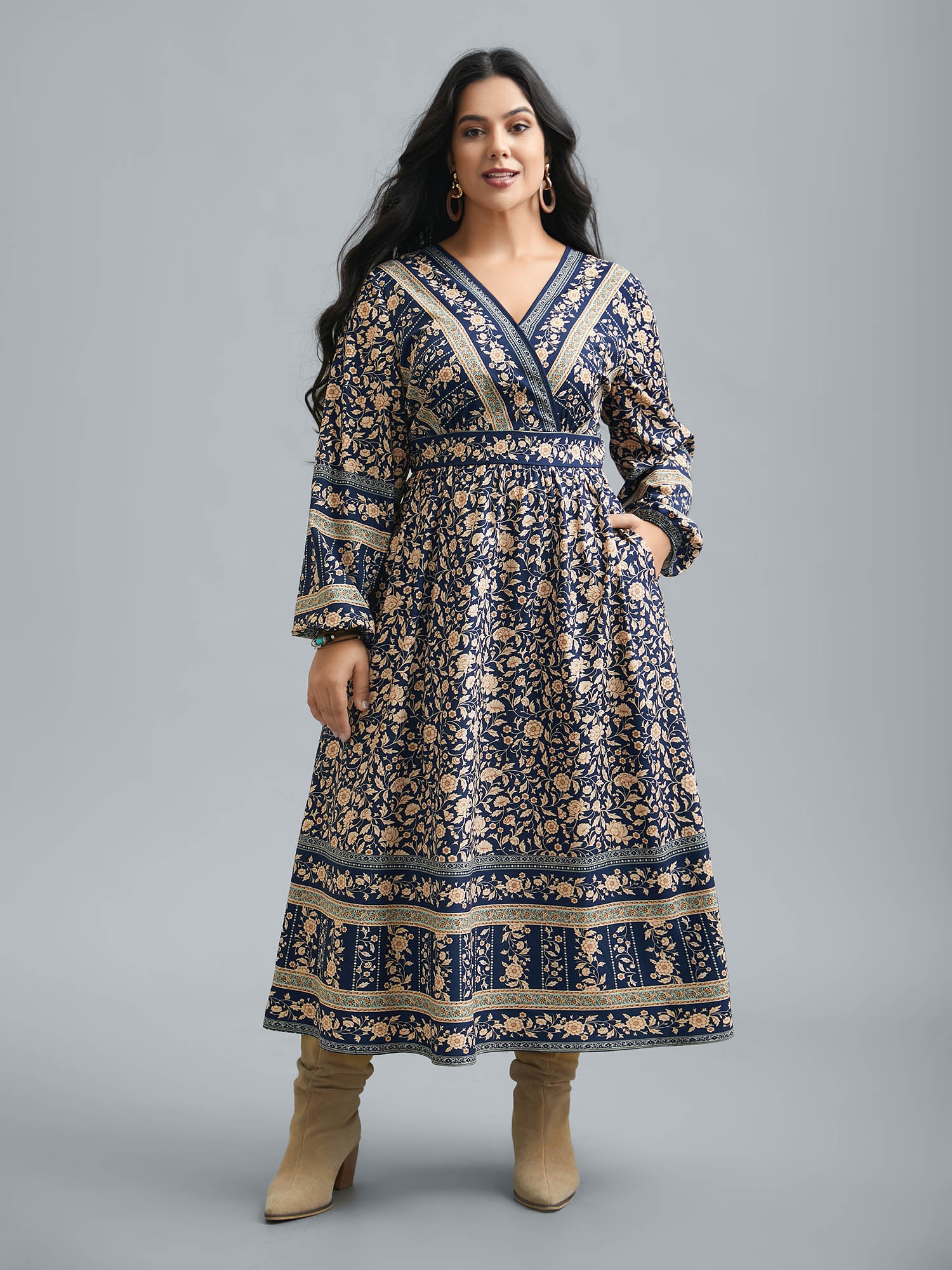 Surplice Neck Boho Print Elastic Waist Dress