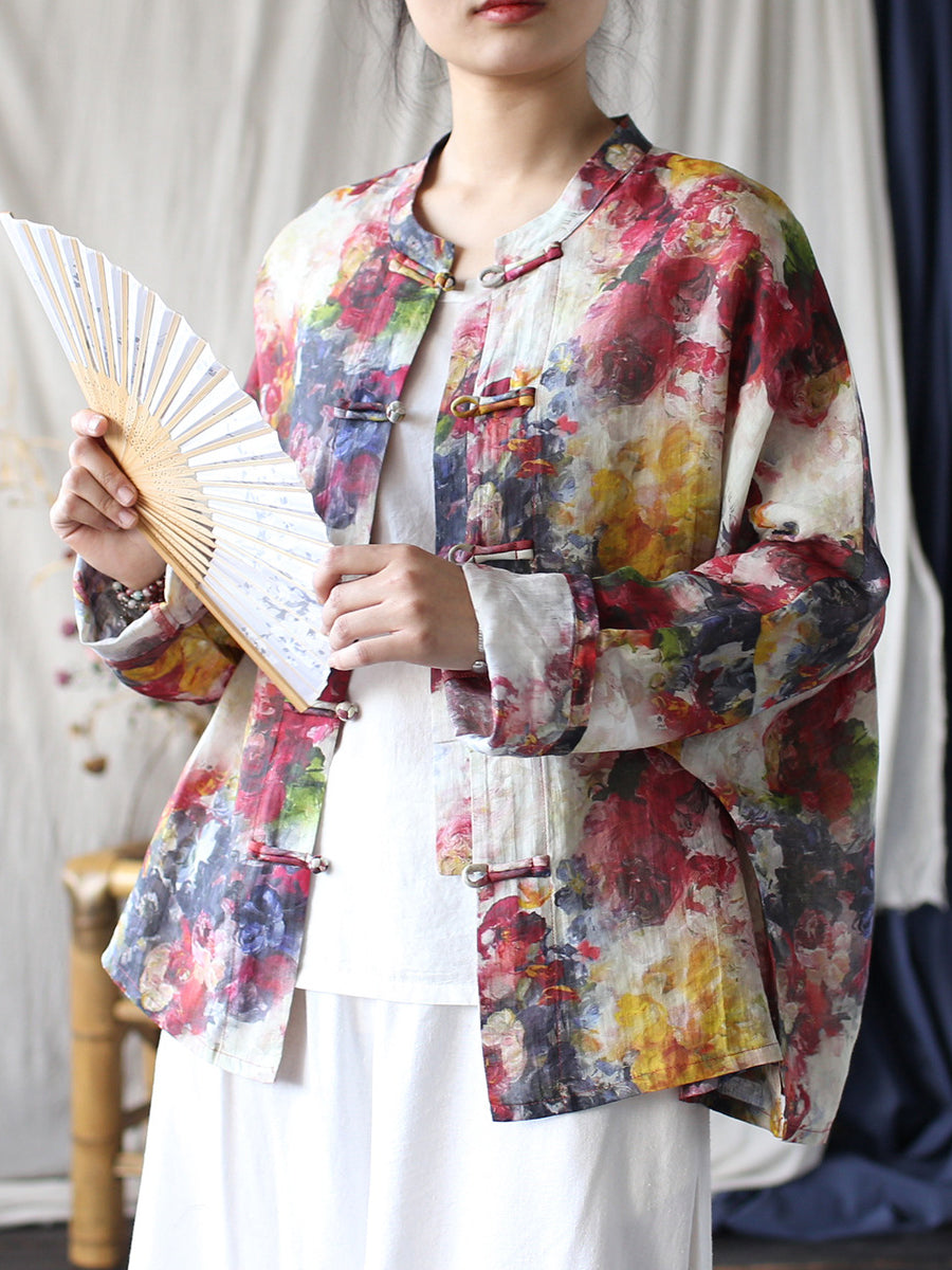 Women Summer Ethnic Flower Ramie Shirt Coat