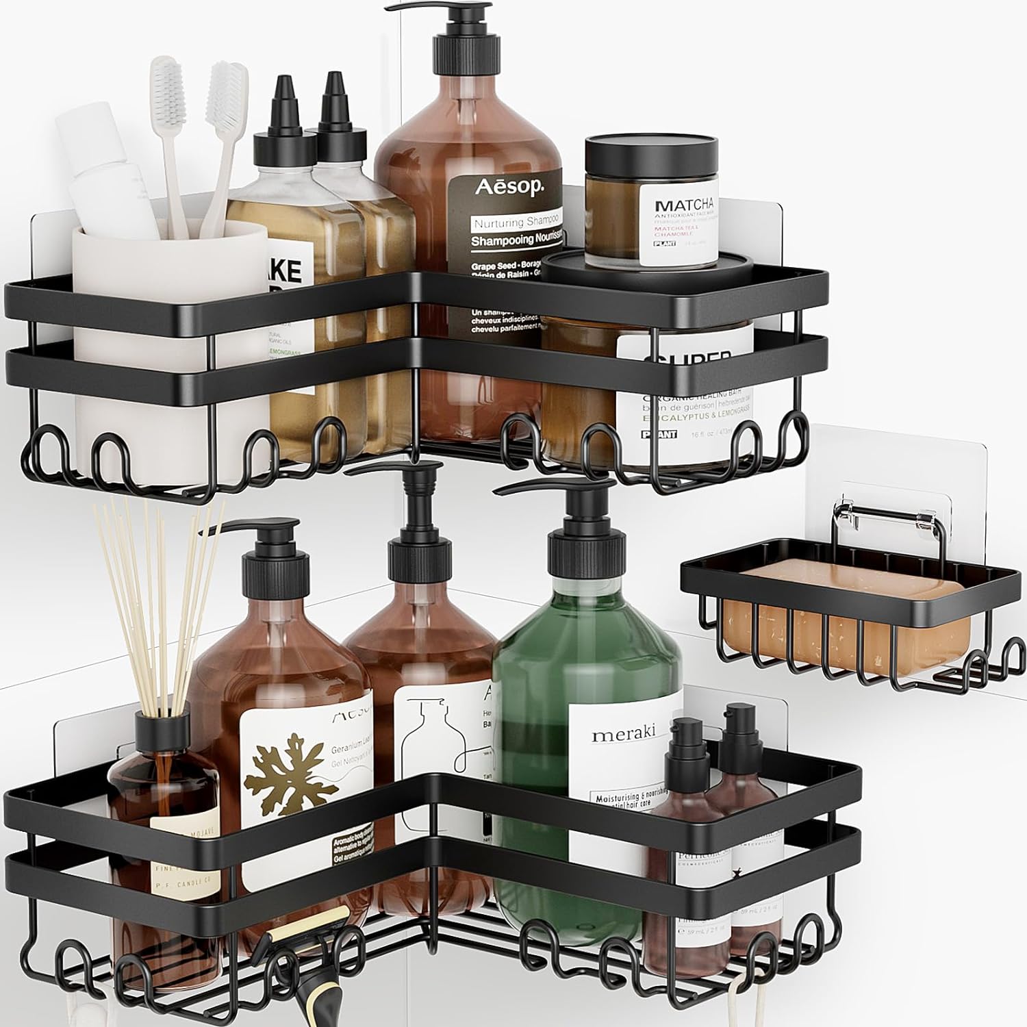 Shower Caddy. 3-Pack with Soap Holder. No Drilling Rustproof Shower Organizer with Save Space Hooks. Apartment Essentials for Bathroom