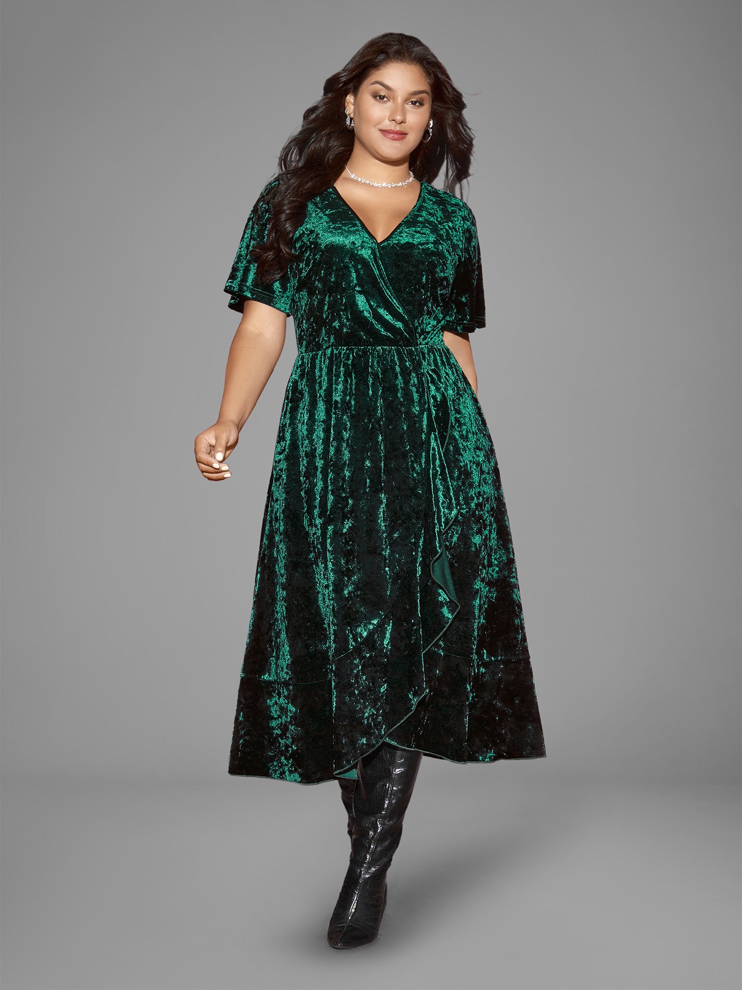 Velvet Surplice Neckline Ruffle Sleeves Midi Dress