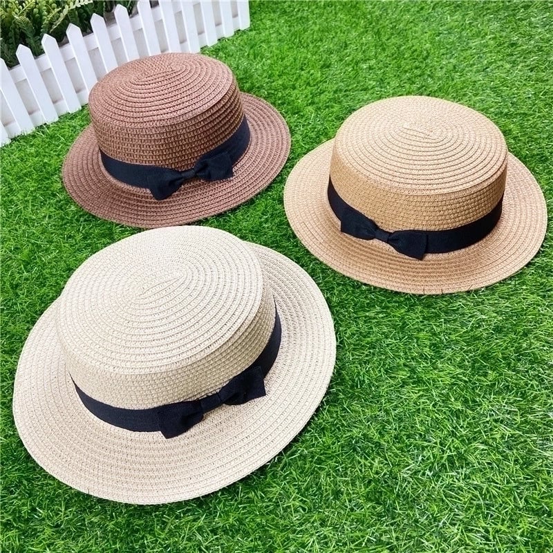 Straw Hat Shading Hat Summer Flat-brimmed Bow Straw Flat Top Hat
