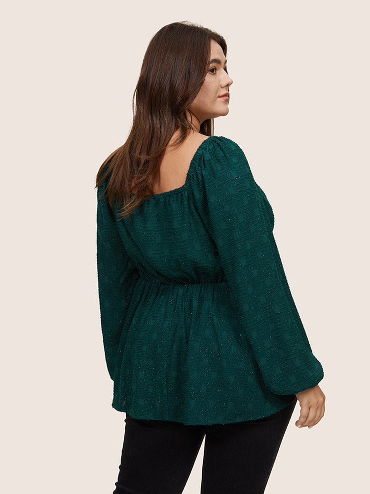 Solid Jacquard Notched Lantern Sleeve Blouse