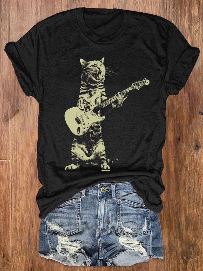 Women's Funny Cat Playing Guitar Graphic Casual Tee