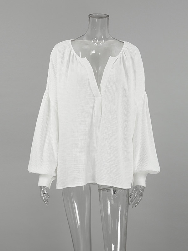 Loose Puff Sleeves Pleated Solid Color Split-Joint V-Neck Blouses&Shirts Tops