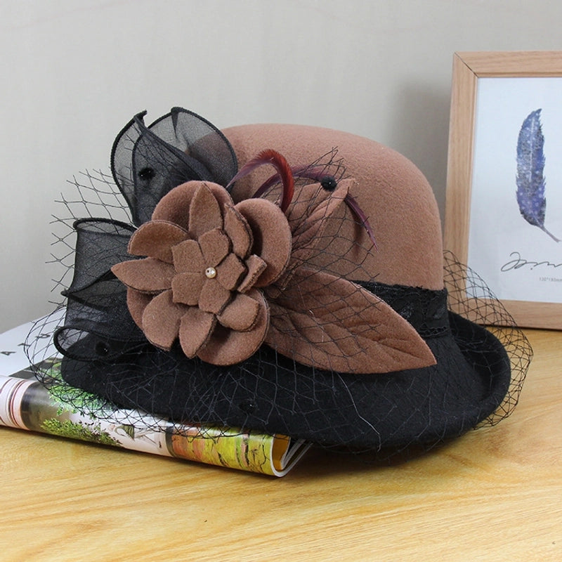 Wool Hat Women's Autumn And Winter  Vintage Basin Hat Hepburn Mesh Flower Curled Top Hat