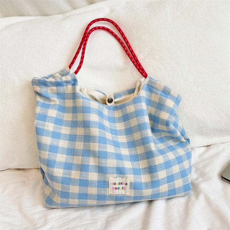 Women's Medium Canvas Plaid Basic Vintage Style Square Open Tote Bag