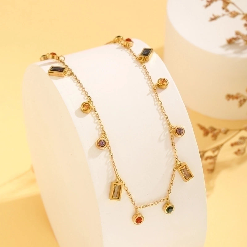 Titanium Steel 18K Gold Plated Minimalist Plating Inlay Water Droplets Heart Shape Rectangle Zircon Pendant Necklace