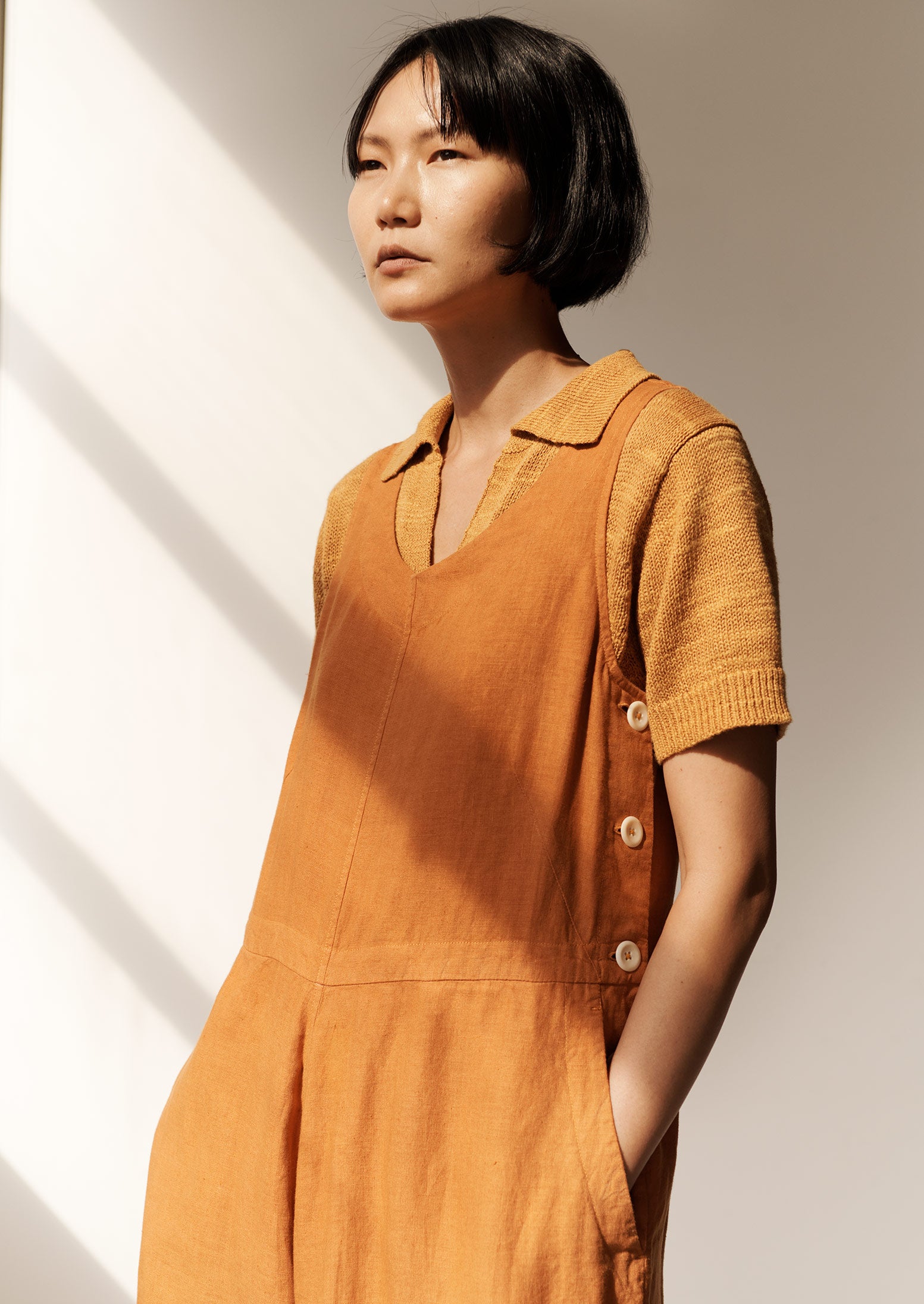 Garment Dyed Linen Side Button Jumpsuit | Copper