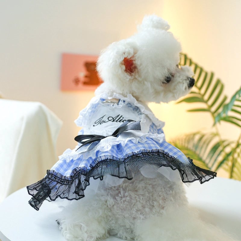 Pet Ring Dog Clothes Spring And Summer New Medium And Small Dog Blue And White Plaid Doll Collar Dress Fairy Tale Princess Dress