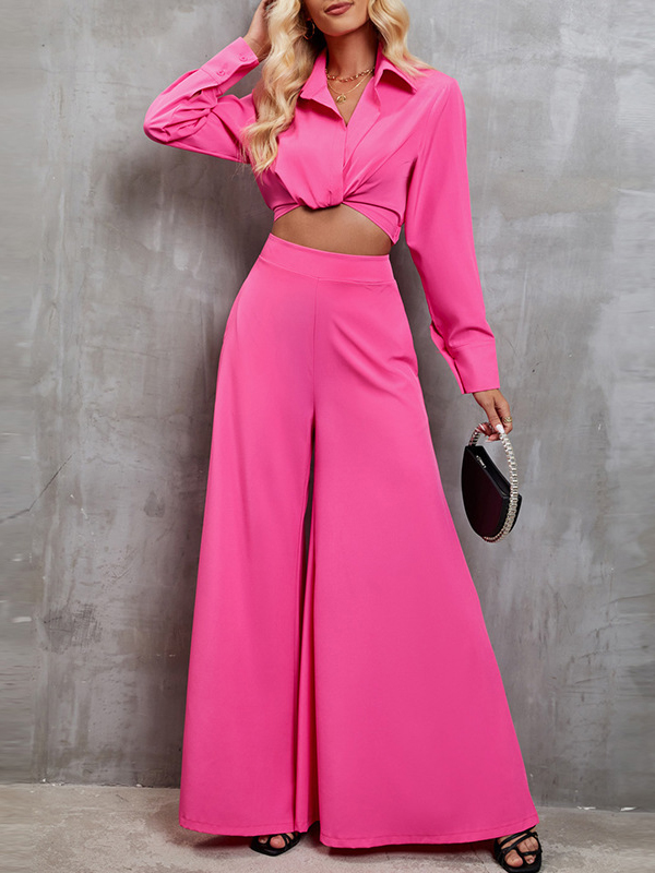 Loose Solid Color Split-Joint Lapel Blouse + Wide Leg Pants Trousers Two Pieces Set