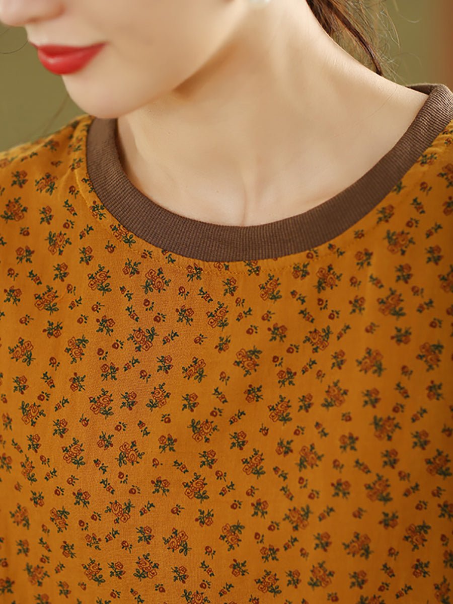 Women Summer Artsy Floral Linen Cotton O-Neck Shirt