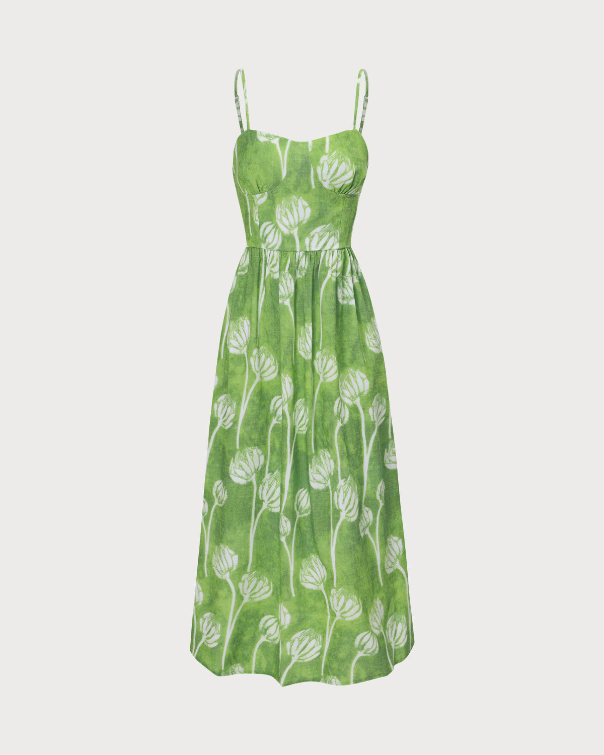 The Green Floral Ruched Slip Midi Dress