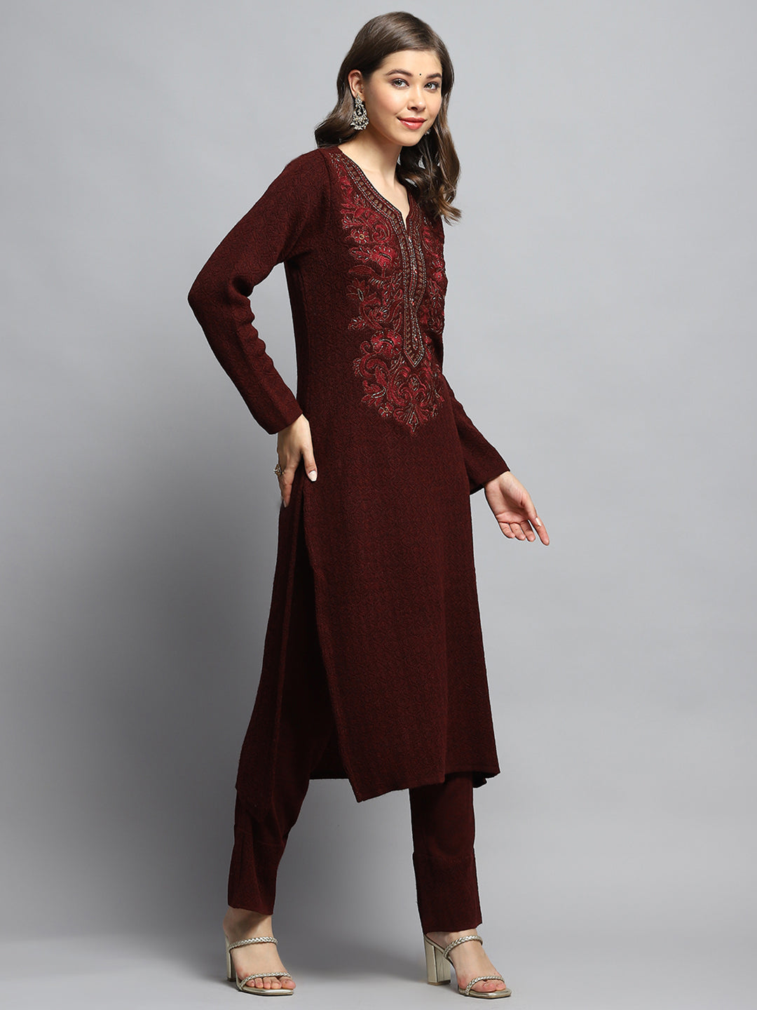 Women Maroon Self Design Round Neck Full Sleeve Kurti Set