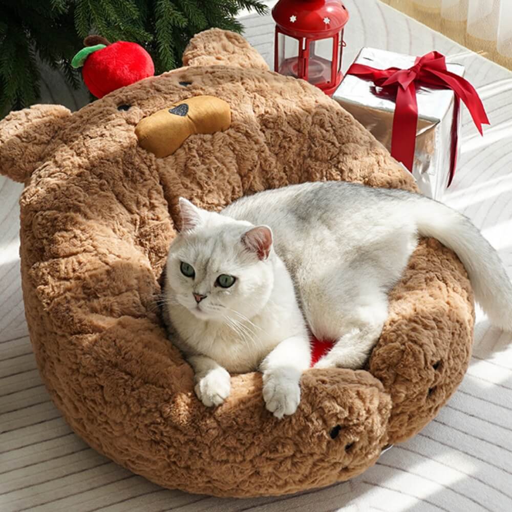 Festive Adorable Apple-Shaped Plush Cat Bed