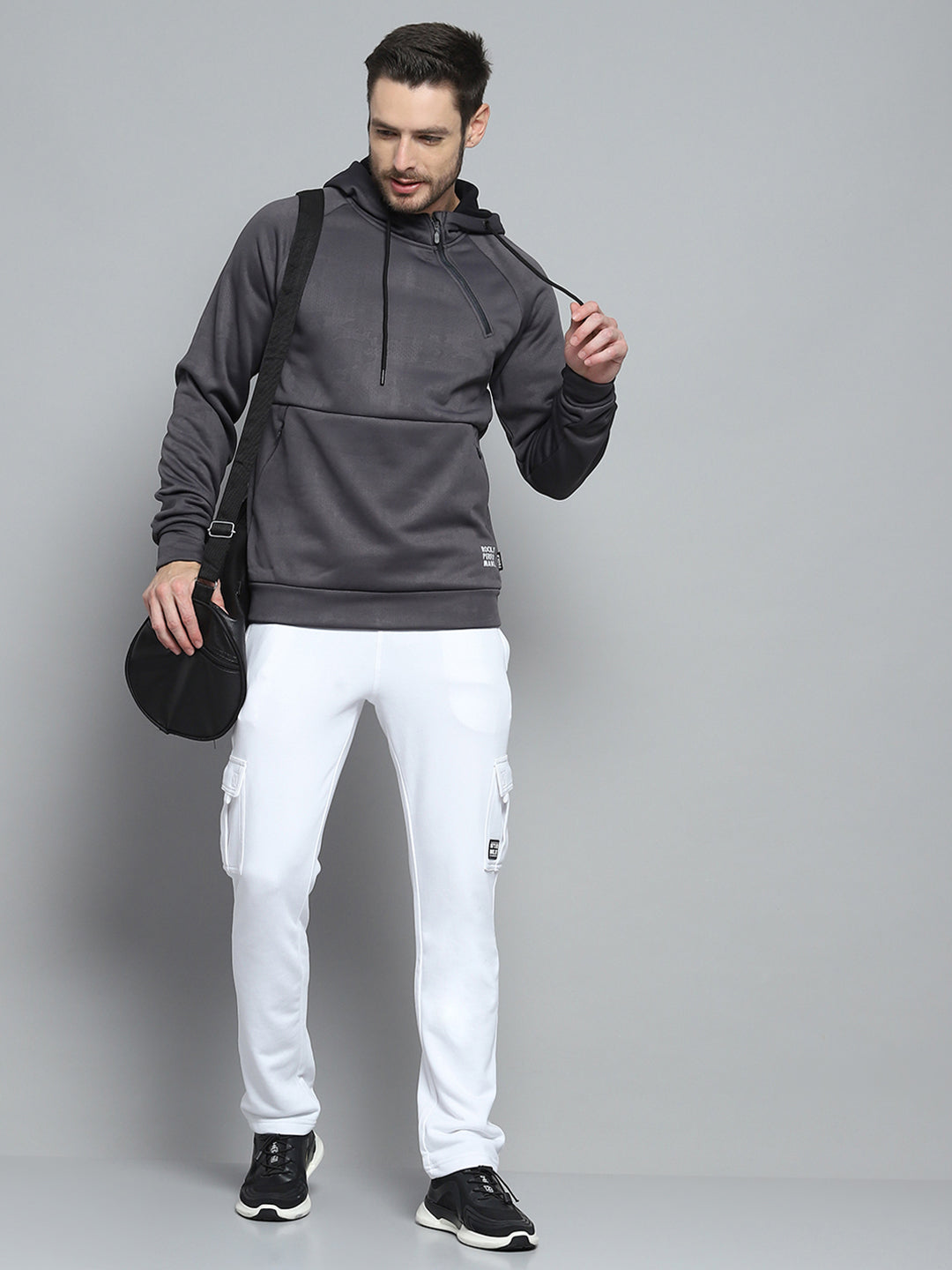 Men Grey Solid Hooded Full Sleeve Sweatshirt