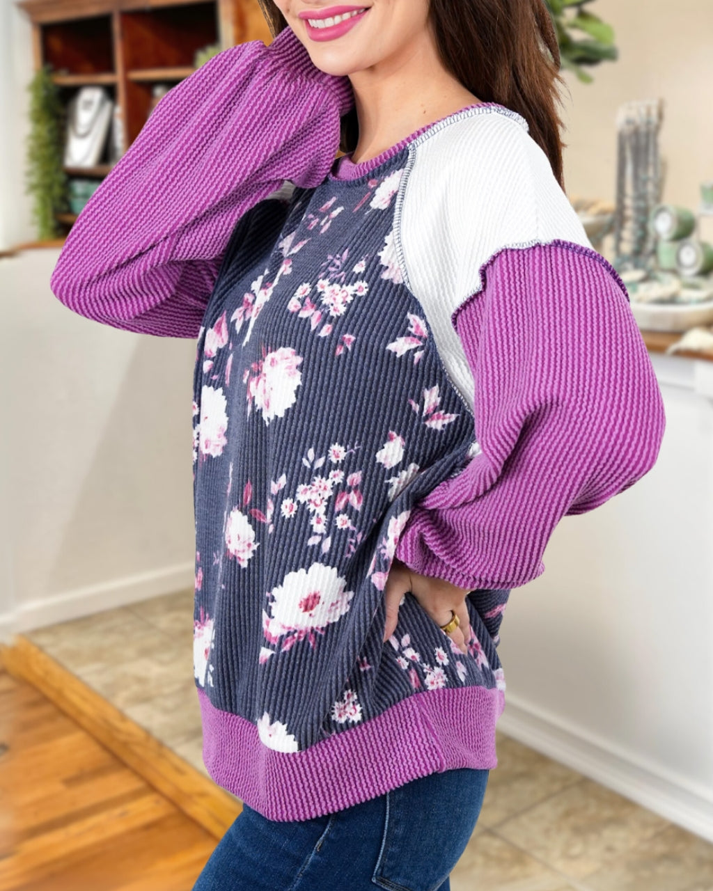 Twisted Ribbed Floral Pullover