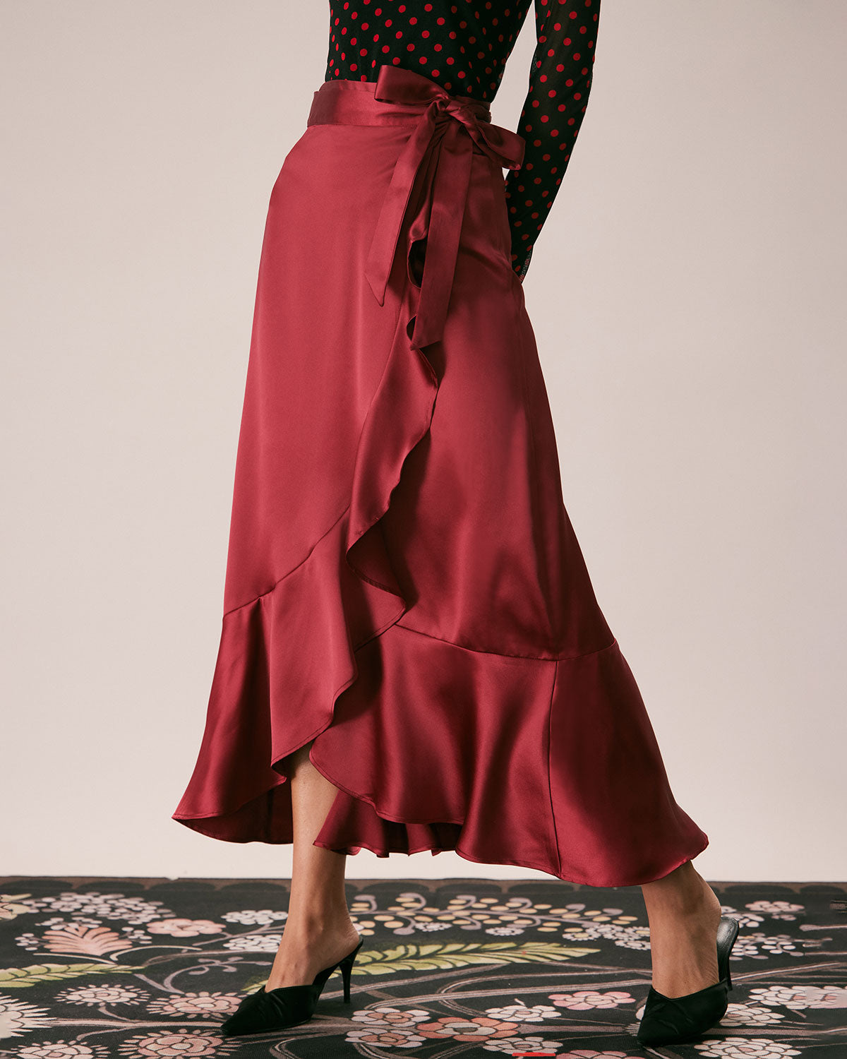 The Wine Red Drawstring Ruffle Satin Midi Skirt