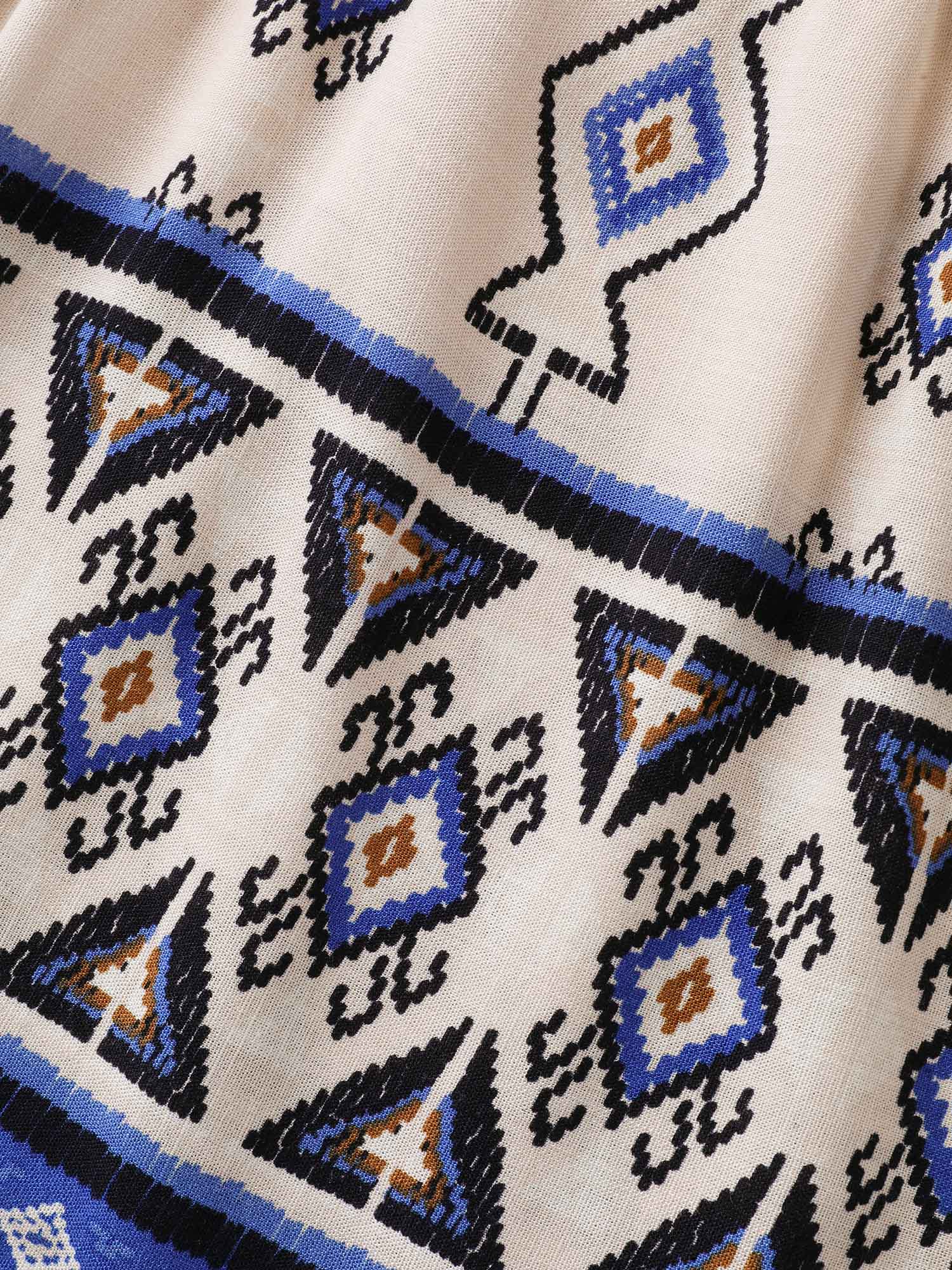 Boho Print Lace Detail Neck Tie Blouse