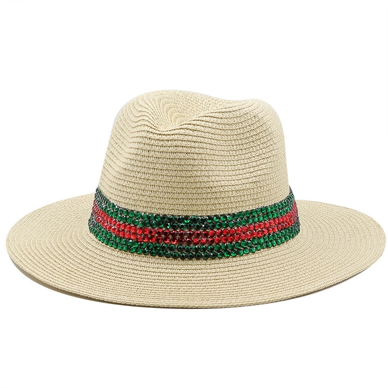 Fashion Outdoor Seaside Sun Shade Fashion Panama Straw Hat Rhinestone Beach Hats