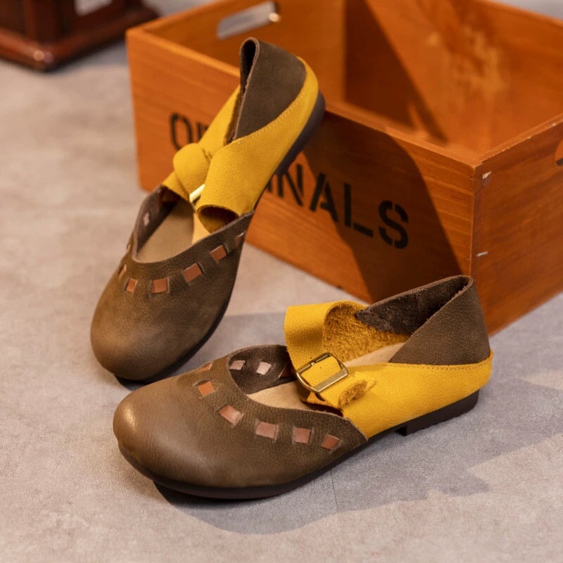 Distinctive Leather Mary Jane Flats Round Toe Buckle Strap Casual Shoes in Yellow Coffee/Yellow Brown