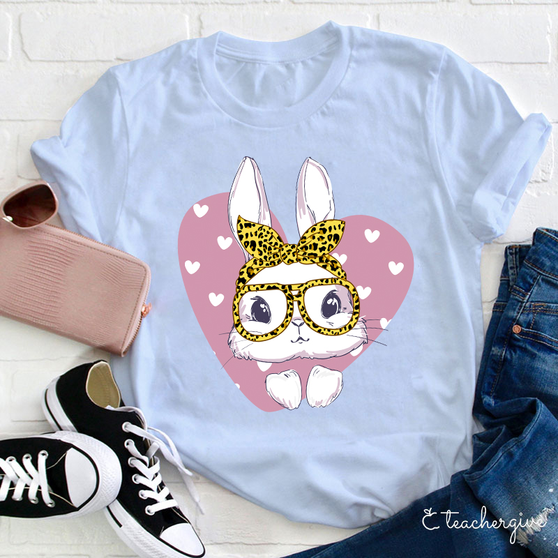 Bunny Face Leopard Glasses Poping Out Of A Heart Teacher T-Shirt