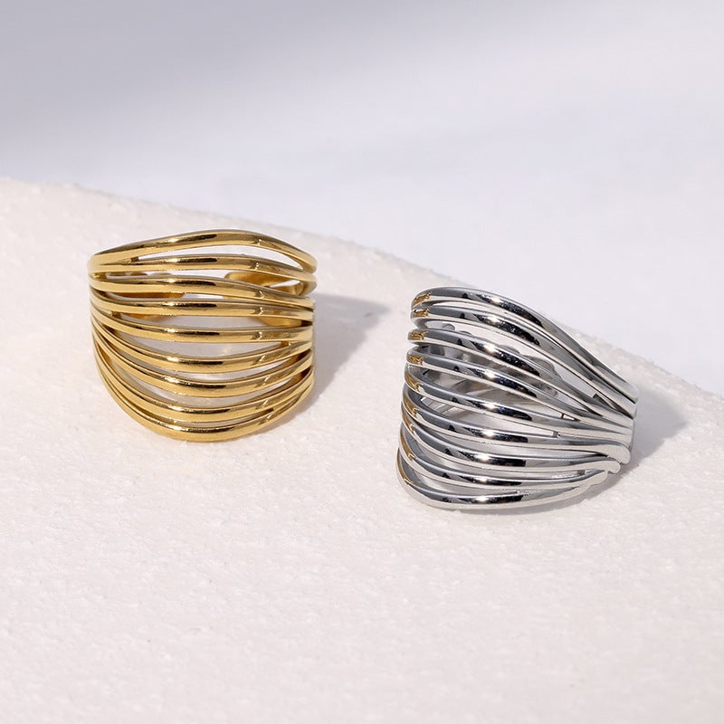 Simple Lines Geometric Stainless Steel Open Ring Hollow Cold Style Gold-Plated Personality Ring For Women