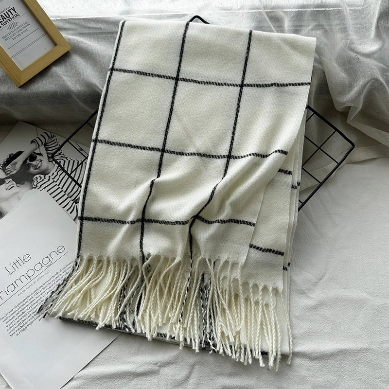 Unisex Casual Minimalist Lattice Imitation Cashmere Tassel Scarf