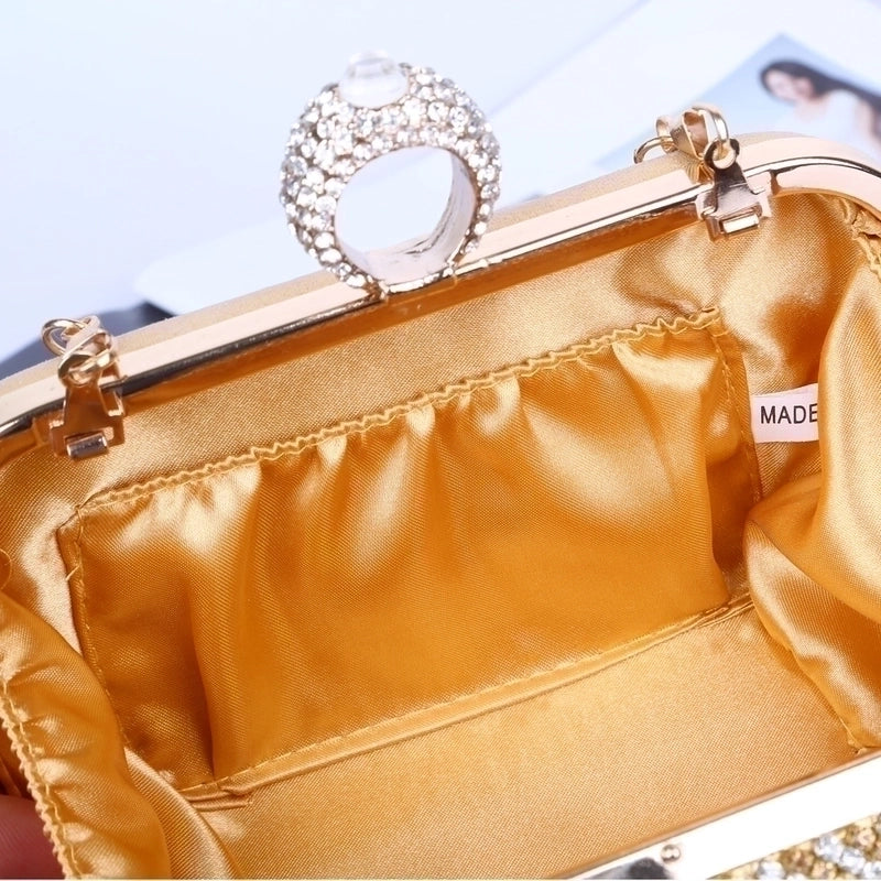 Gold Pu Leather Solid Color Rhinestone Square Evening Bags