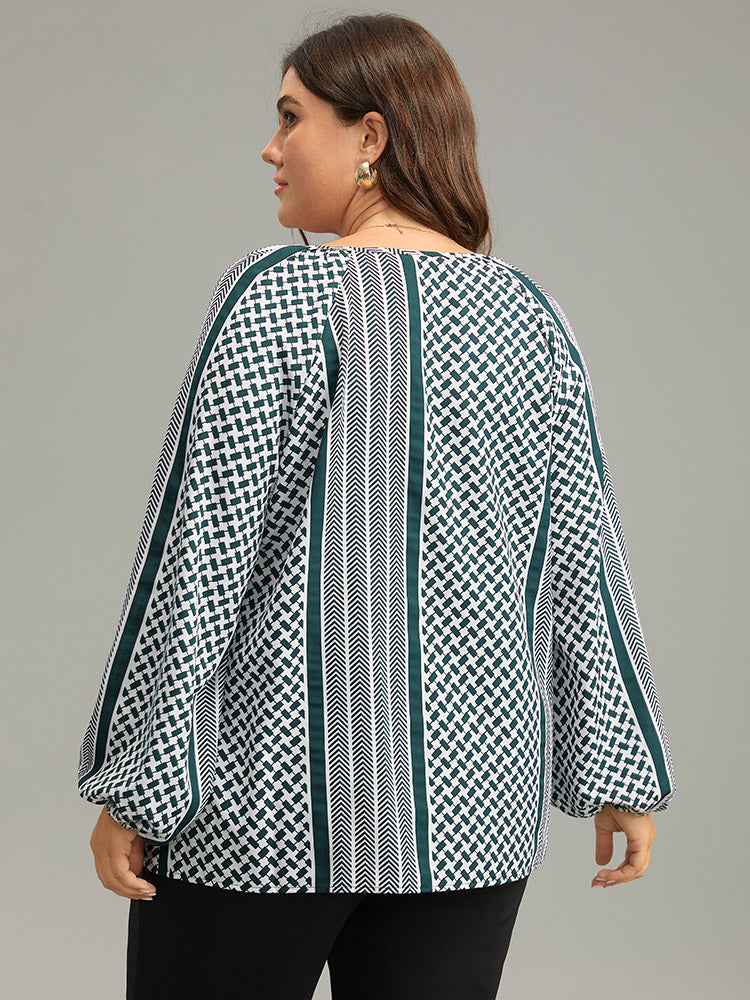 Geo Striped Tie Lantern Sleeve Blouse