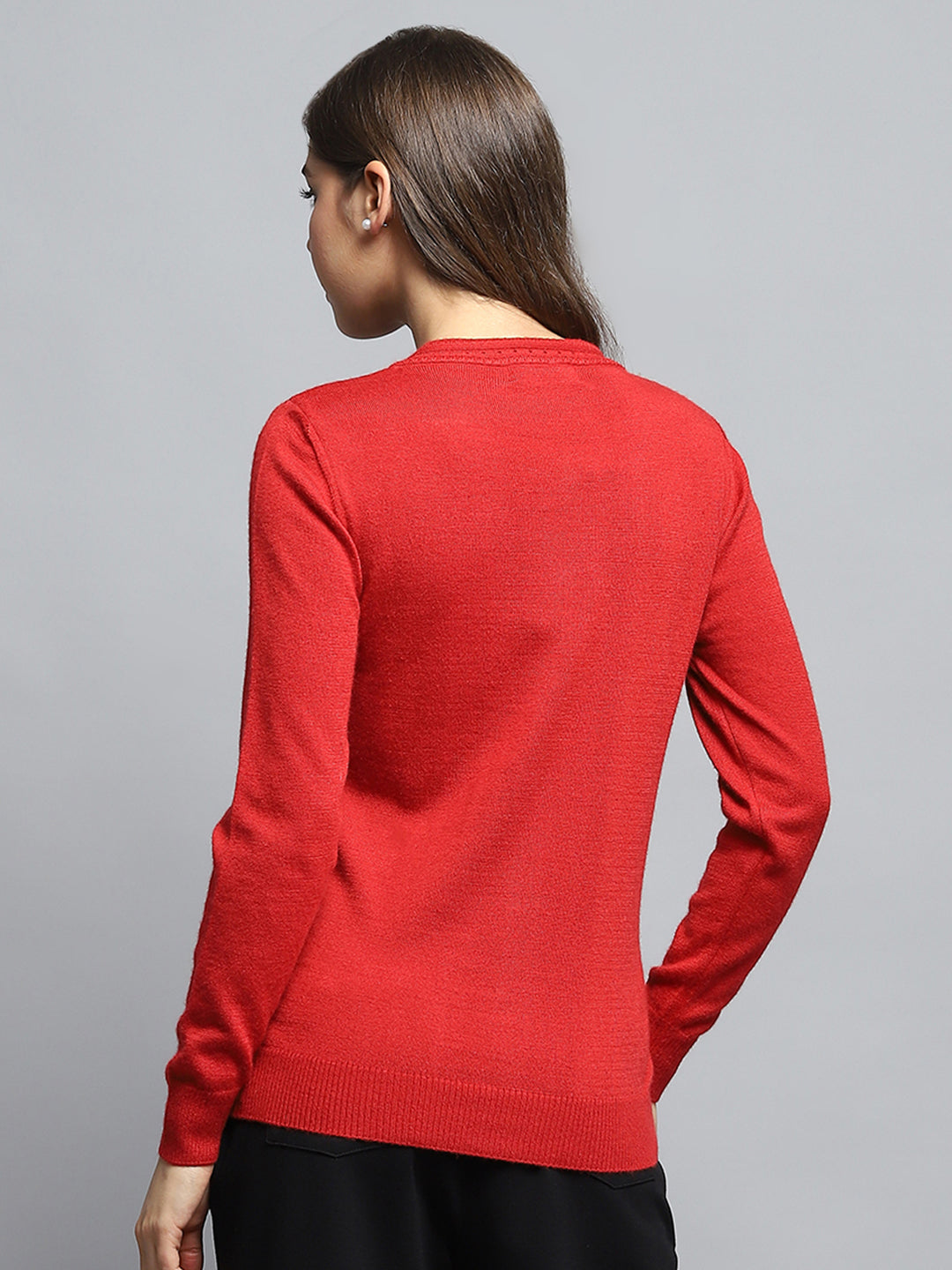 Women Red Self Design Round Neck Full Sleeve Cardigan