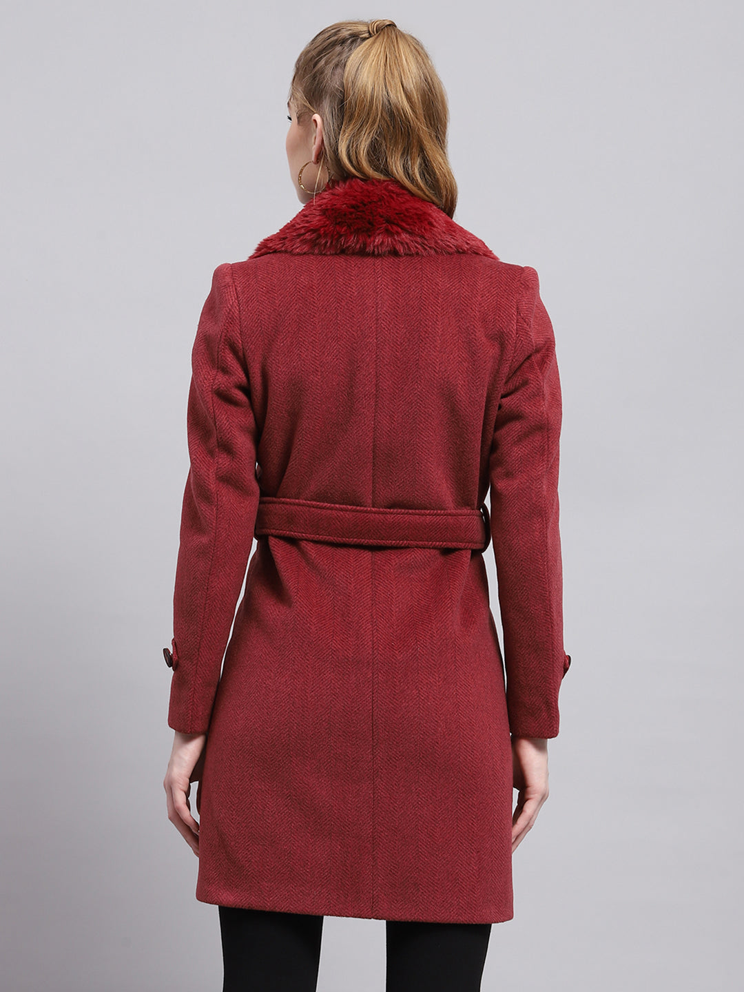 Women Maroon Self Design Collar Full Sleeve Coat