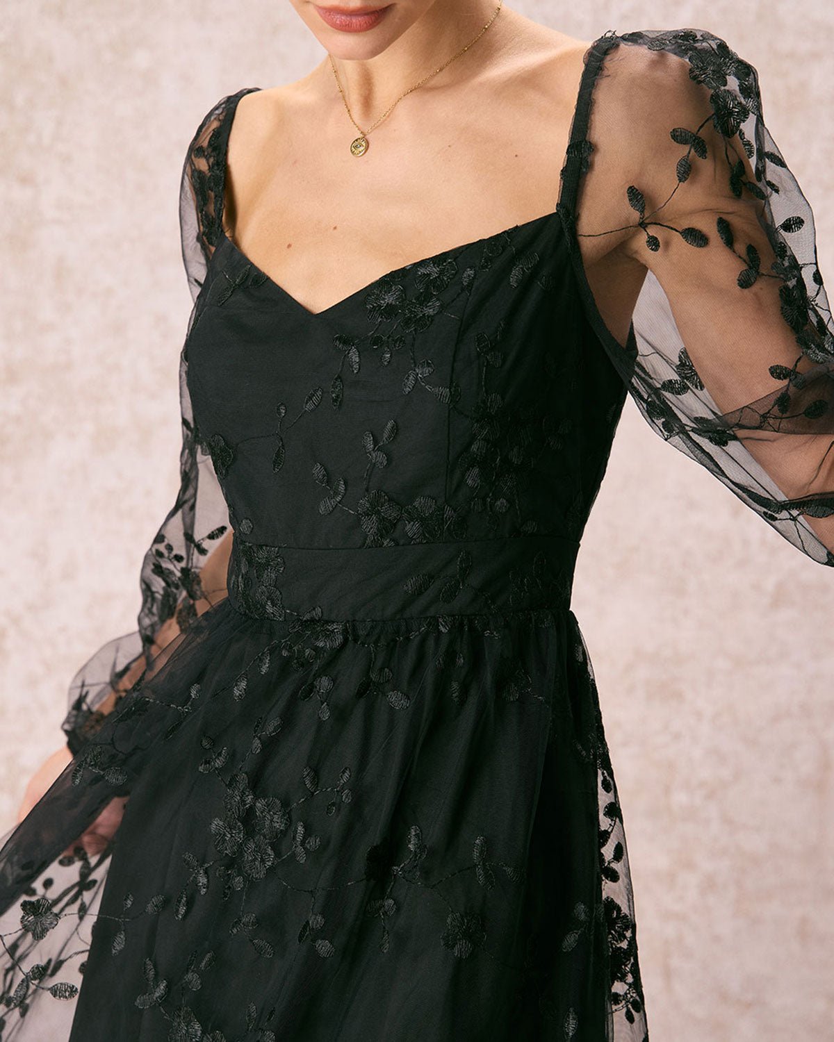 The Black Sweetheart Neck Mesh Midi Dress