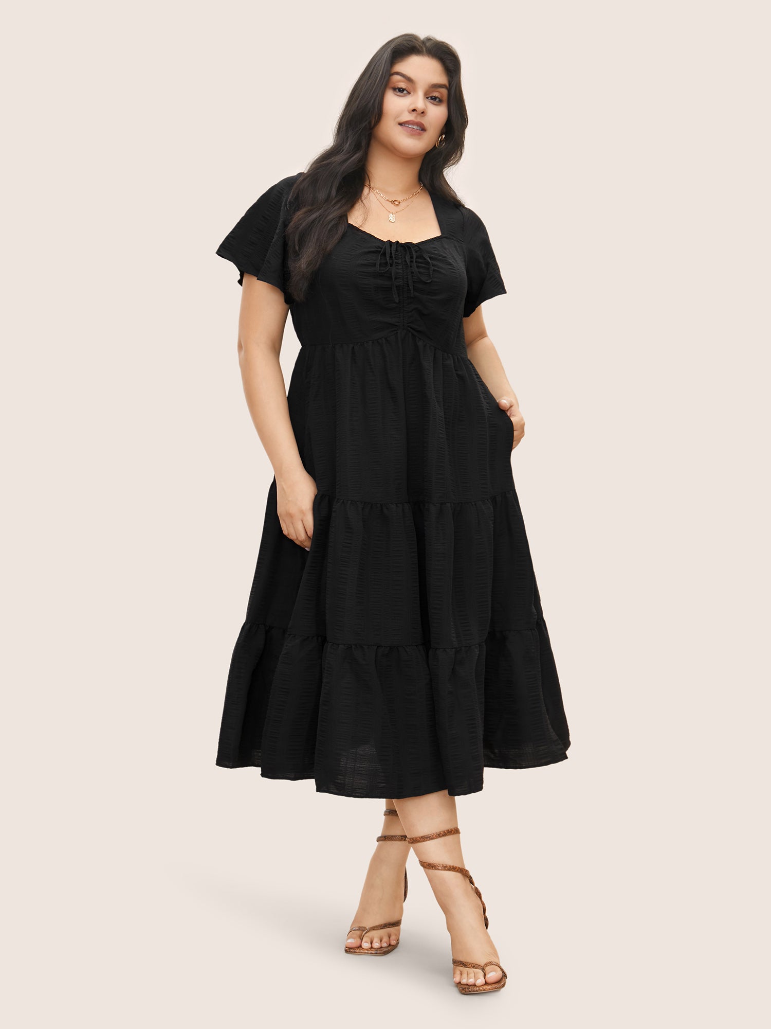 Plain Ruched Drawstring Pocket Ruffle Tiered Dress