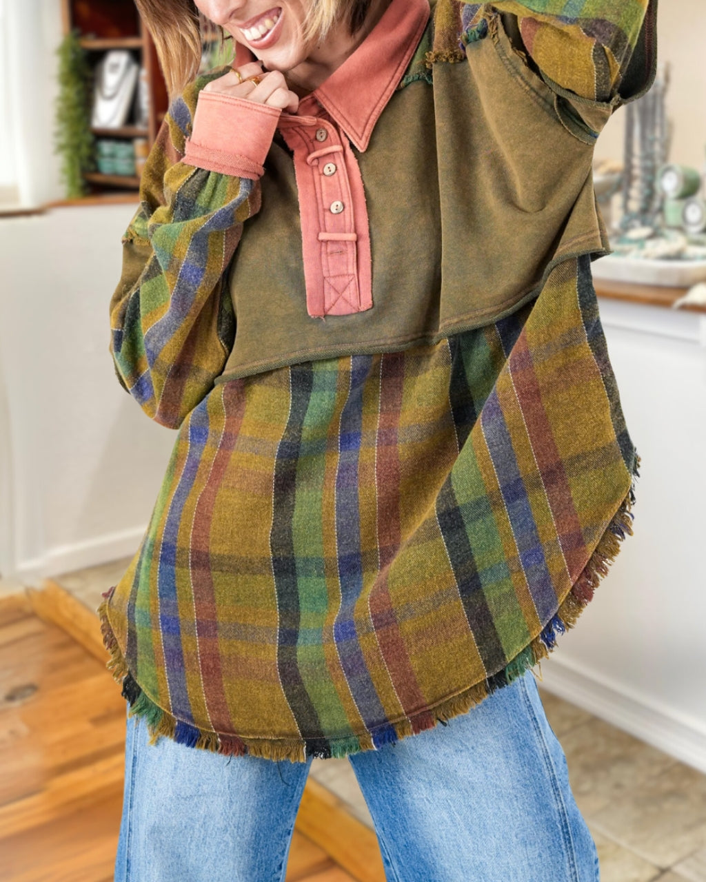 Patchwork Washed Plaid Colorblock Pullover