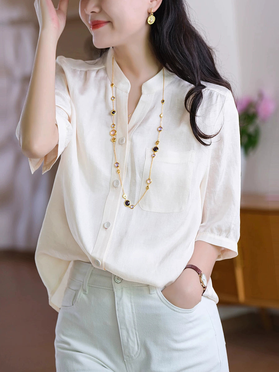 Women Summer Casual Pure Color Pocket V-Neck Shirt