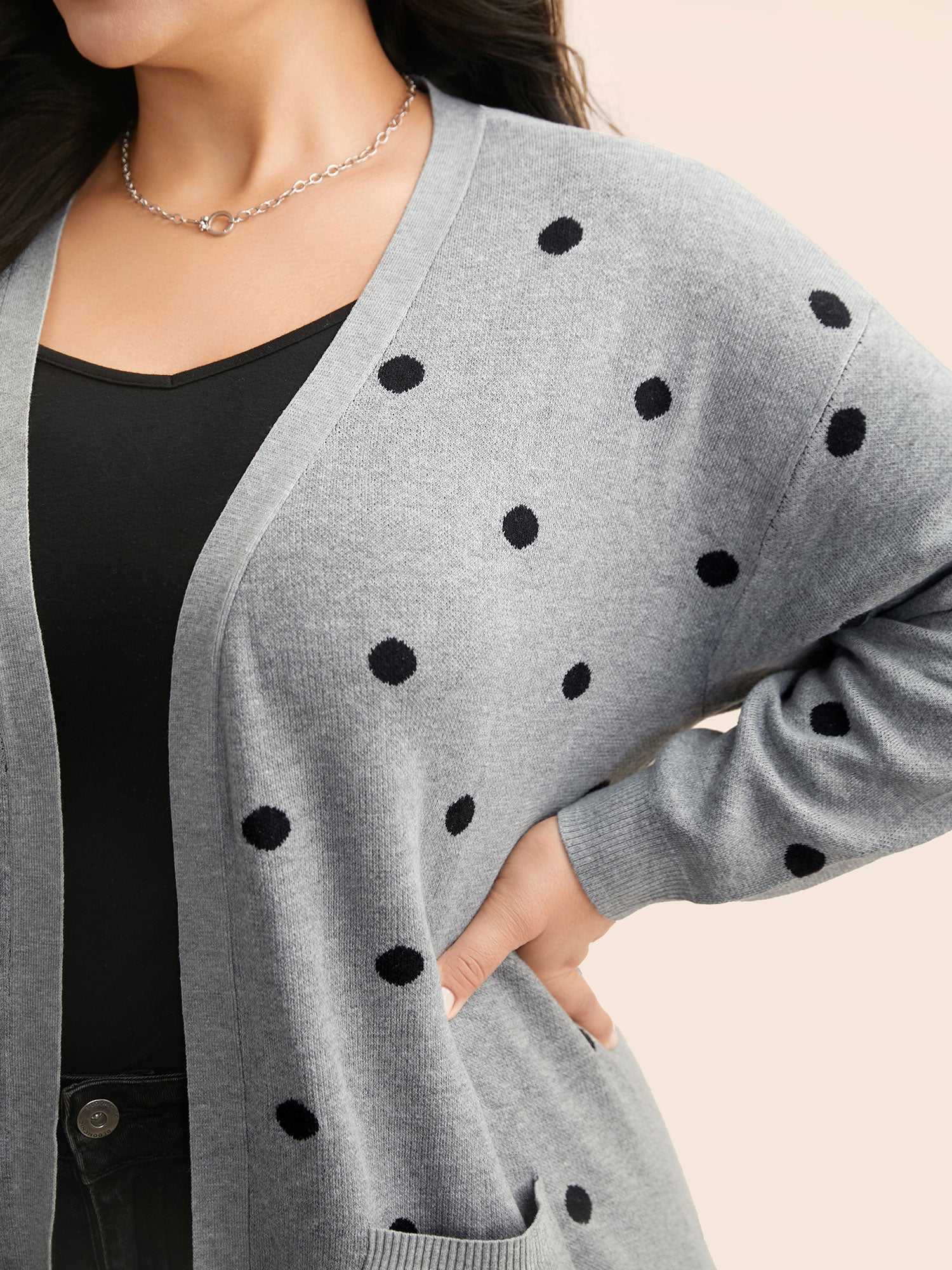 Polka Dot Kimono Collar Patch Pocket Cardigan