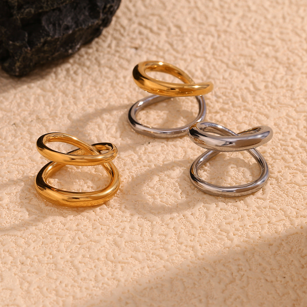 Simple Niche Design All-Match Hand Jewelry Stainless Steel Plated 18K Gold Gold Cross Line Double Layer Ring